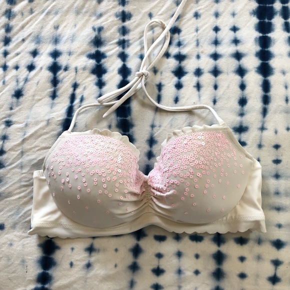 Victoria's Secret Other - VS white scalloped halter bikini top pink sequins